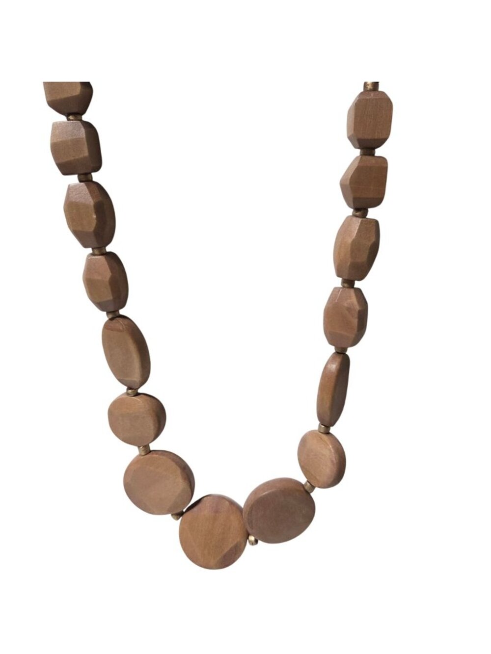 Boho Wooden Beaded Necklace Geometric Shapes Gold Accents Boho Fashion Jewelry